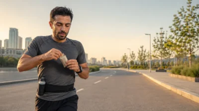 دونده در حال مصرف ژل انرژی هنگام دویدن طولانی